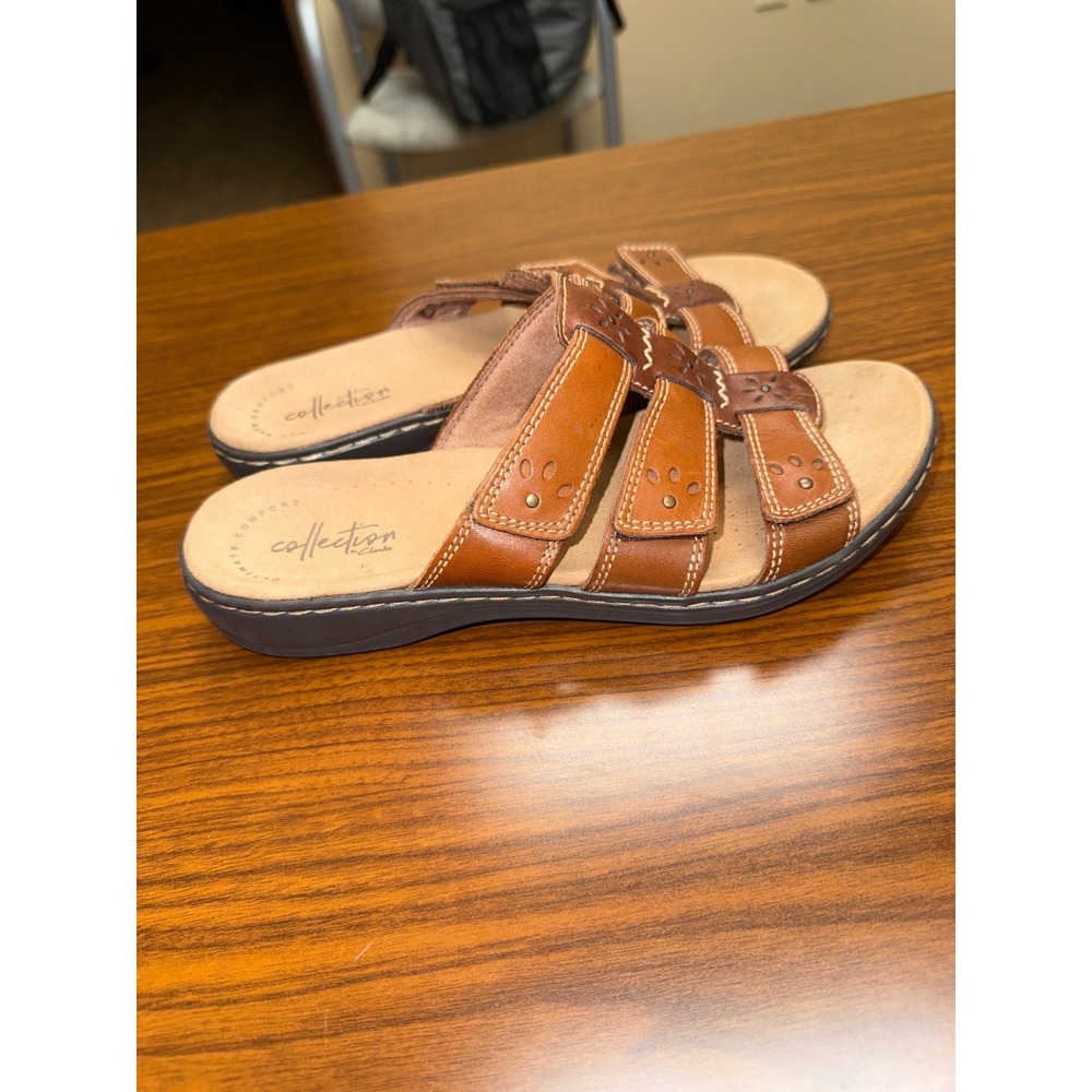 Clarks Collection Tan Brown Leather Triple Strap Slide Sandals Womens 7W 2613449